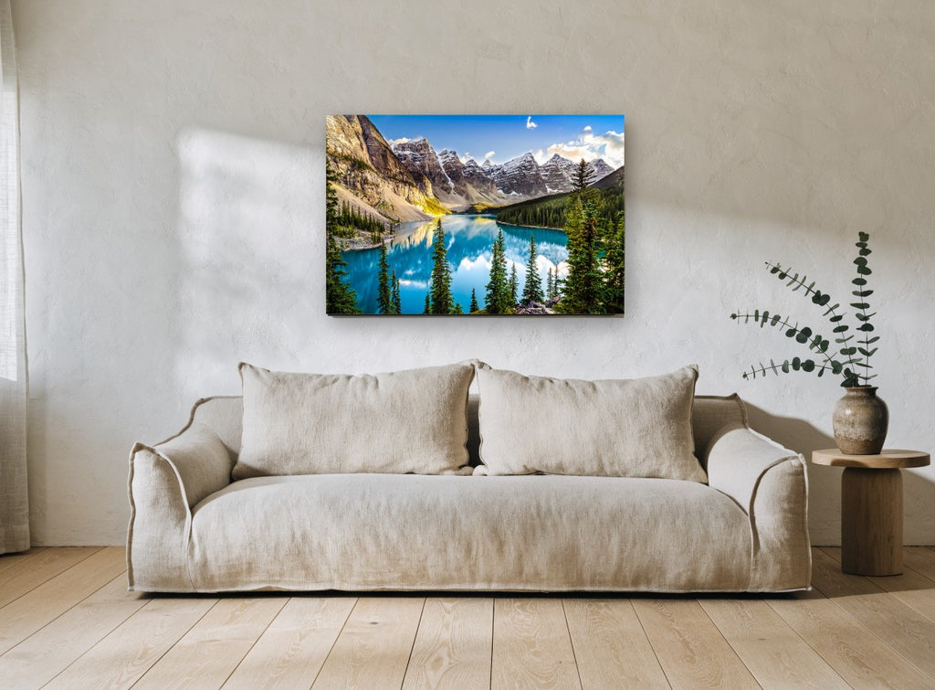 Turquoise Alpine Reflection landscape canvas print on the wall of a living room