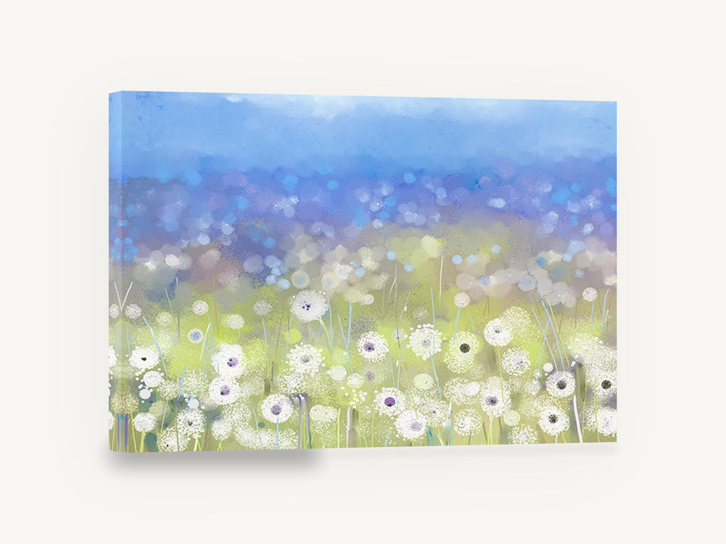 Dandelion Meadow Haze, white wildflower meadow digital floral, floral canvas wall art print ready to hang