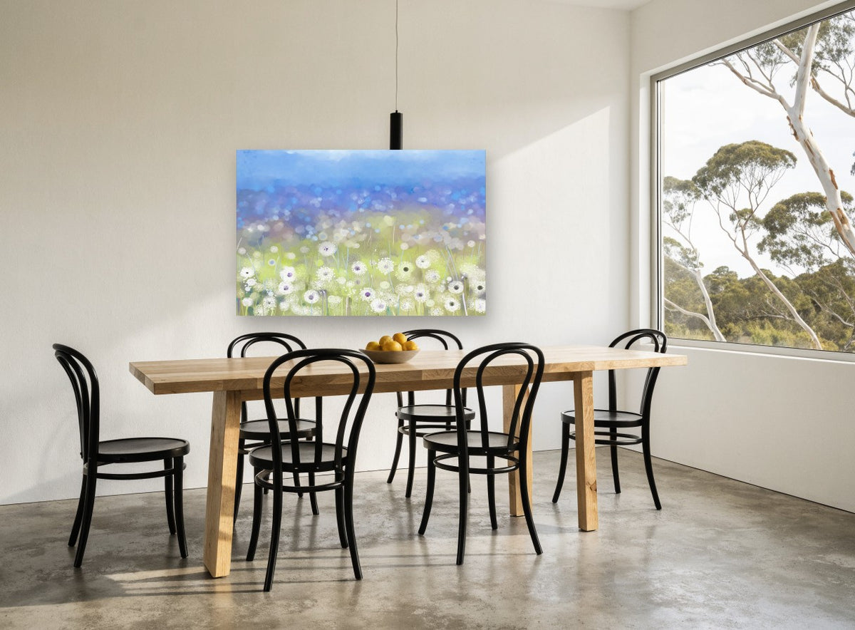 Dandelion Meadow Haze floral canvas print on the wall of a dining room