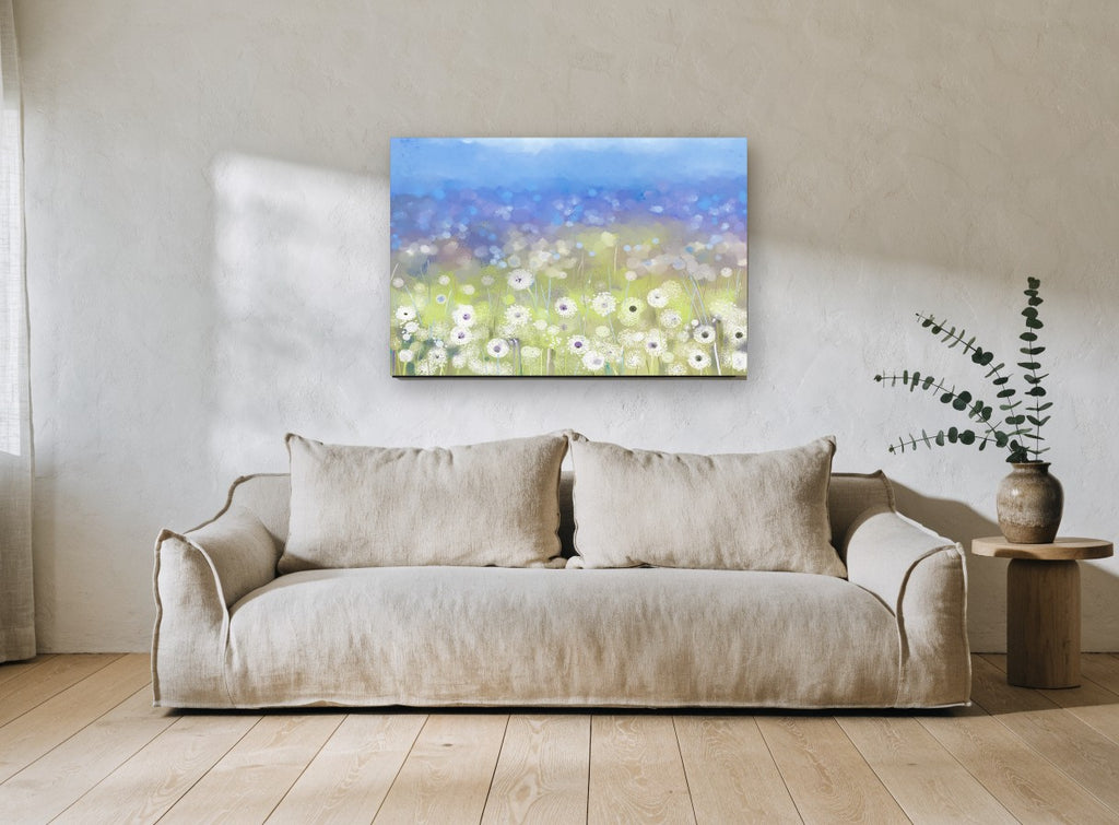 Dandelion Meadow Haze floral canvas print on the wall of a living room