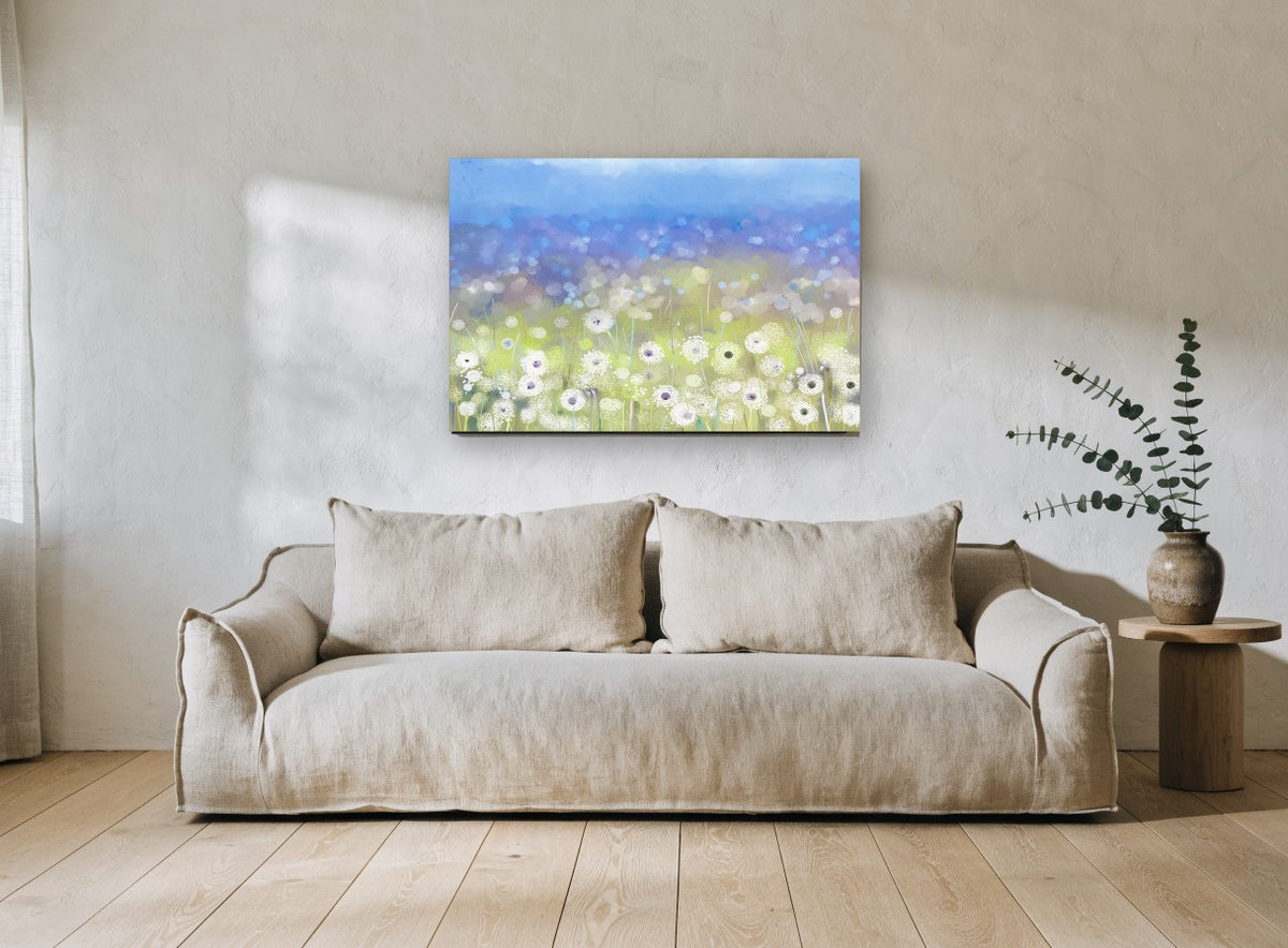 Dandelion Meadow Haze floral canvas print on the wall of a living room