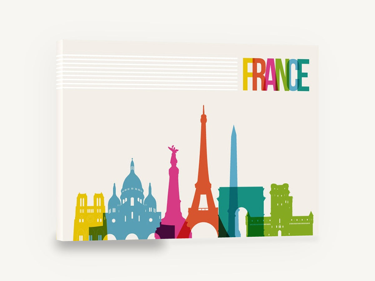 France Landmarks in Colour, paris landmarks skyline illustration, city canvas wall art print ready to hang