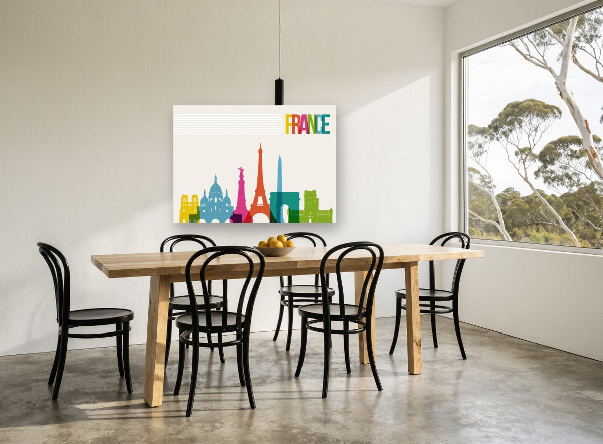 France Landmarks in Colour city canvas print on the wall of a dining room