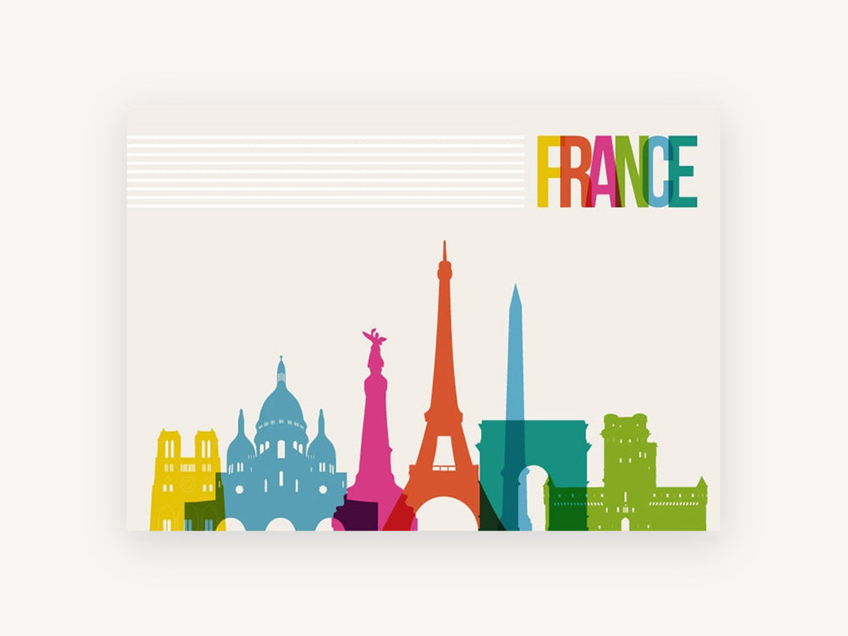 France Landmarks in Colour, paris landmarks skyline illustration, city canvas wall art print, front view