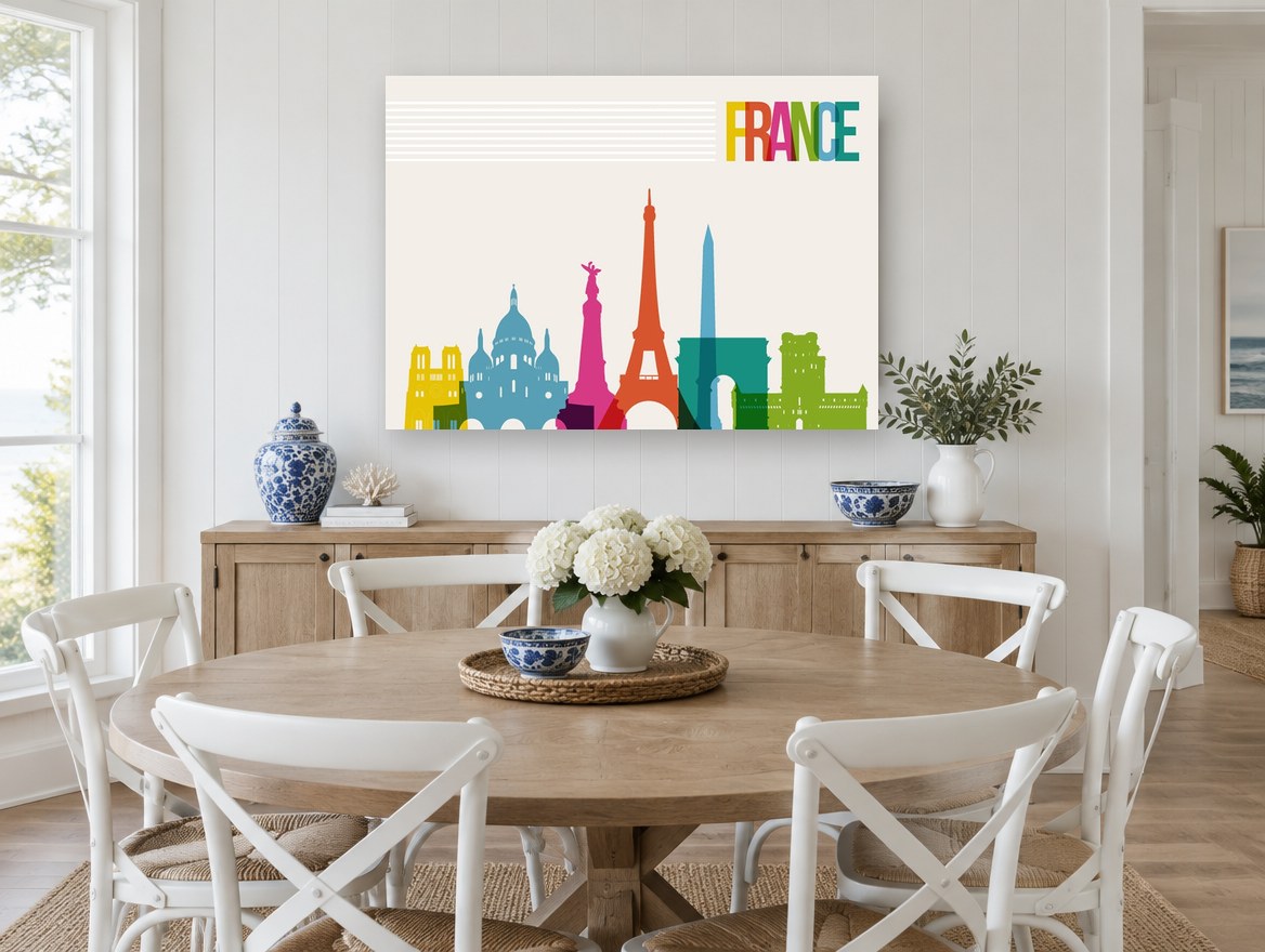 France Landmarks in Colour city canvas print on the wall of a Hamptons dining room
