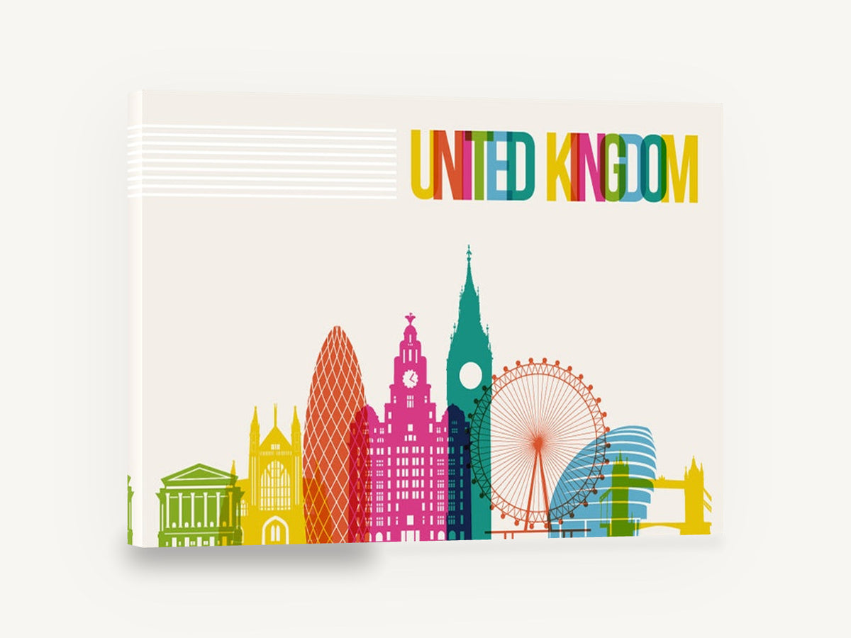 Colourful London Skyline, london landmarks skyline illustration, city canvas wall art print ready to hang