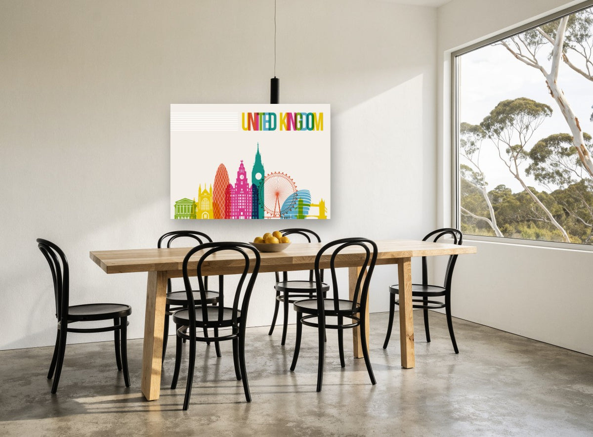 Colourful London Skyline city canvas print on the wall of a dining room