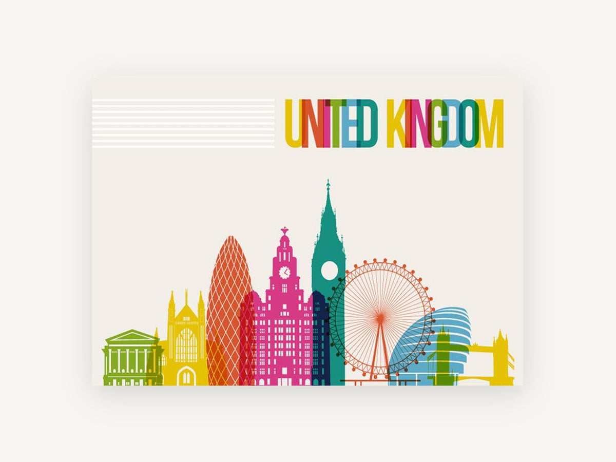 Colourful London Skyline, london landmarks skyline illustration, city canvas wall art print, front view