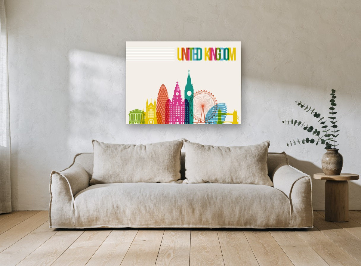 Colourful London Skyline city canvas print on the wall of a living room