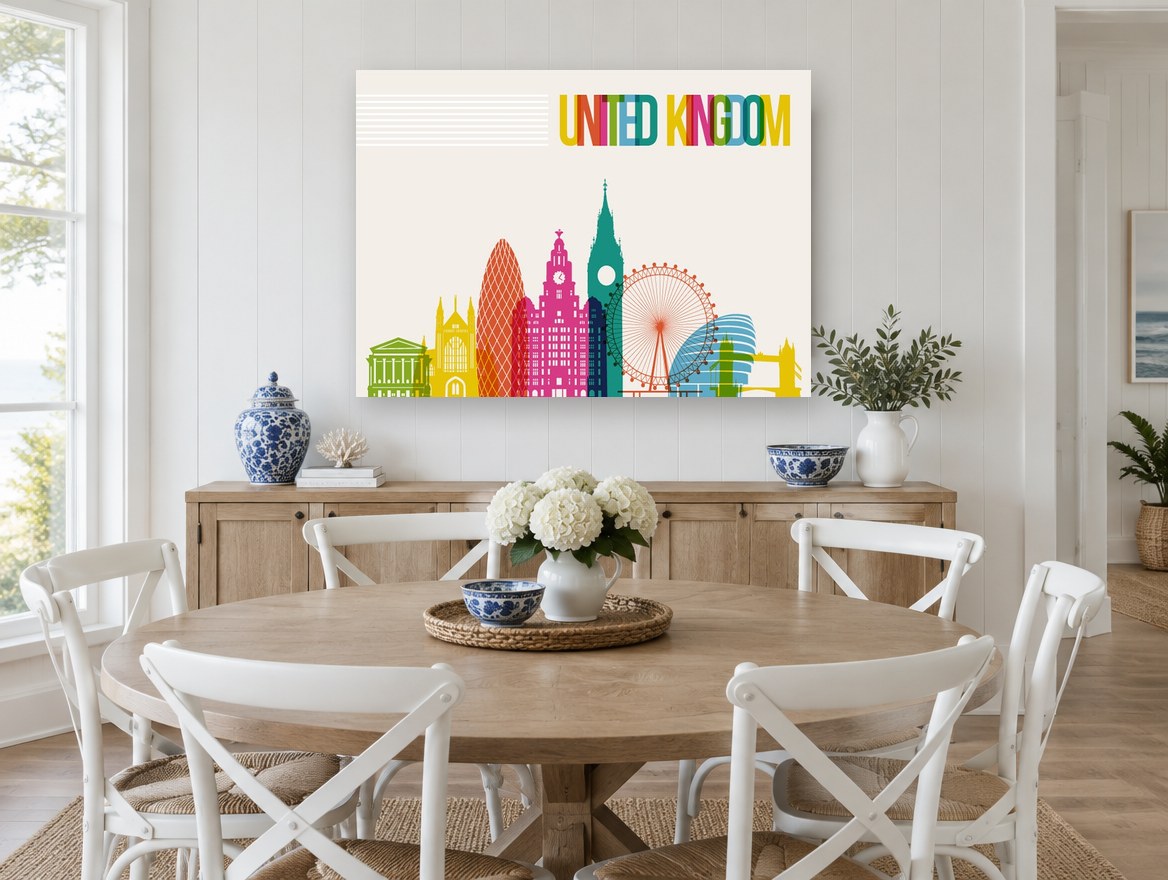 Colourful London Skyline city canvas print on the wall of a Hamptons dining room
