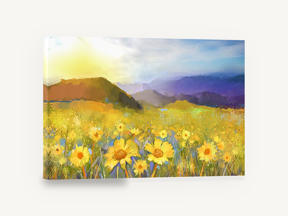 Golden Hour Daisy Meadow, yellow daisy field sunset landscape, floral canvas wall art print ready to hang