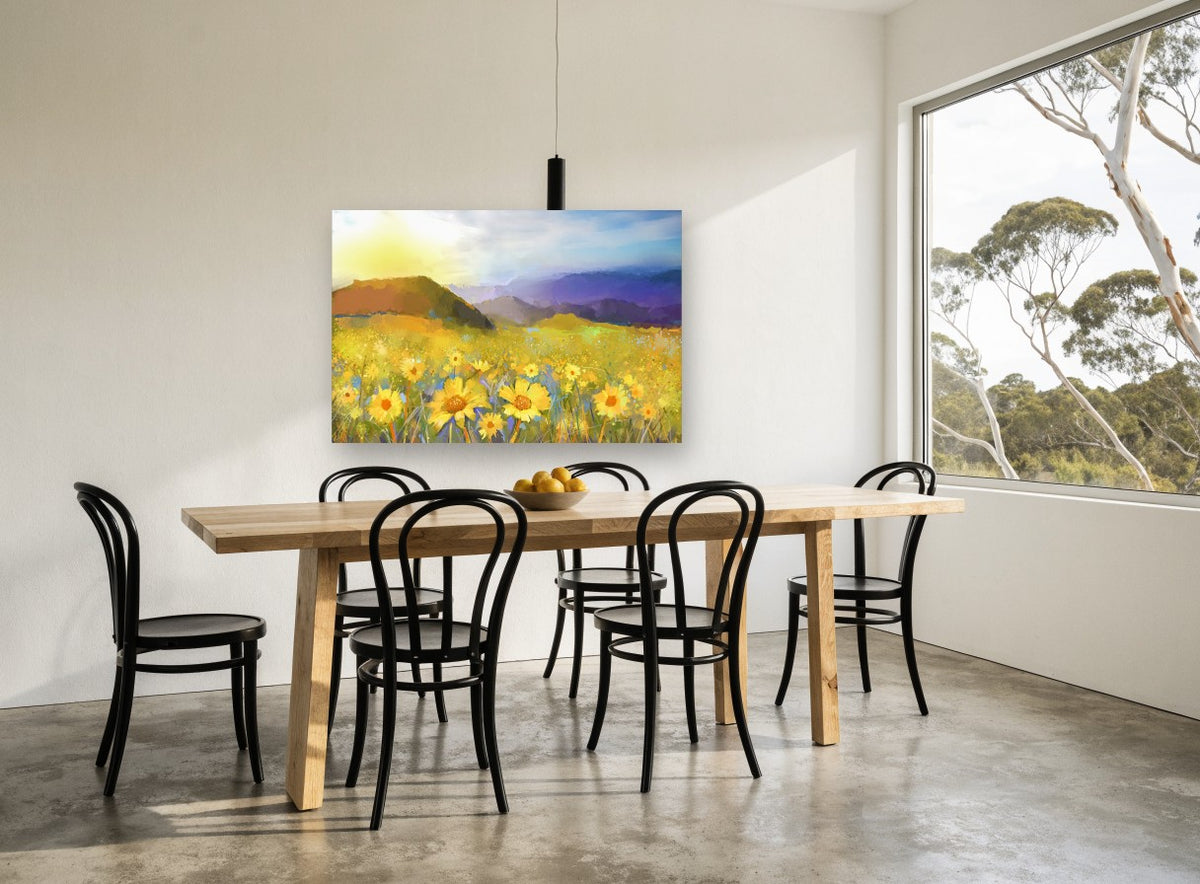 Golden Hour Daisy Meadow floral canvas print on the wall of a dining room