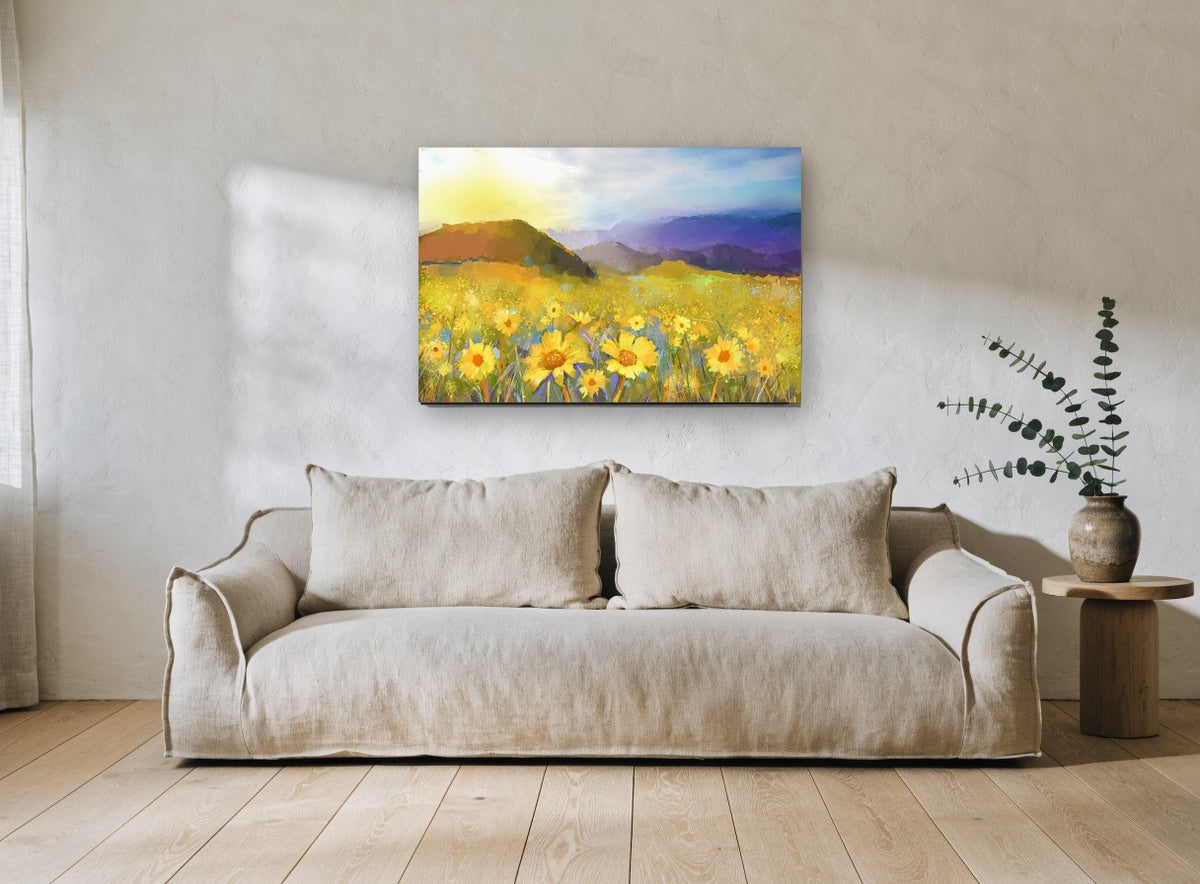 Golden Hour Daisy Meadow floral canvas print on the wall of a living room