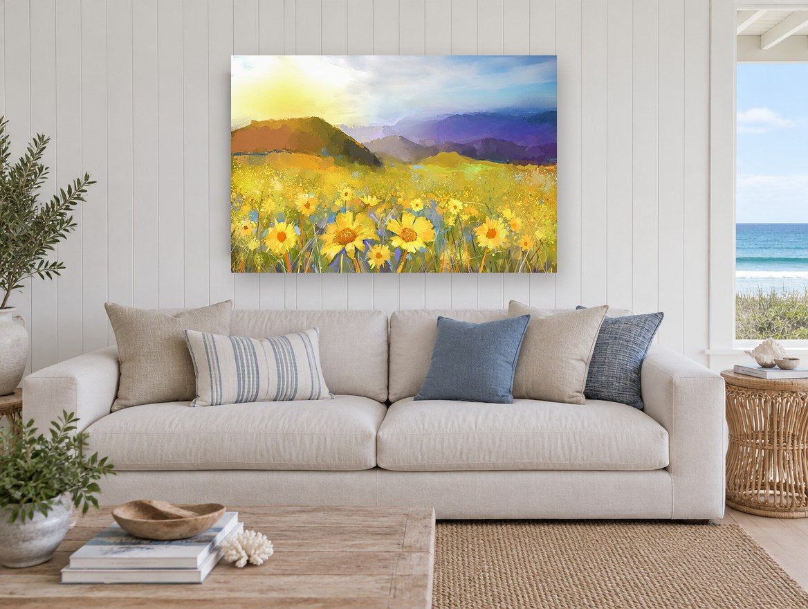 Golden Hour Daisy Meadow floral canvas print on the wall of a beach house living room
