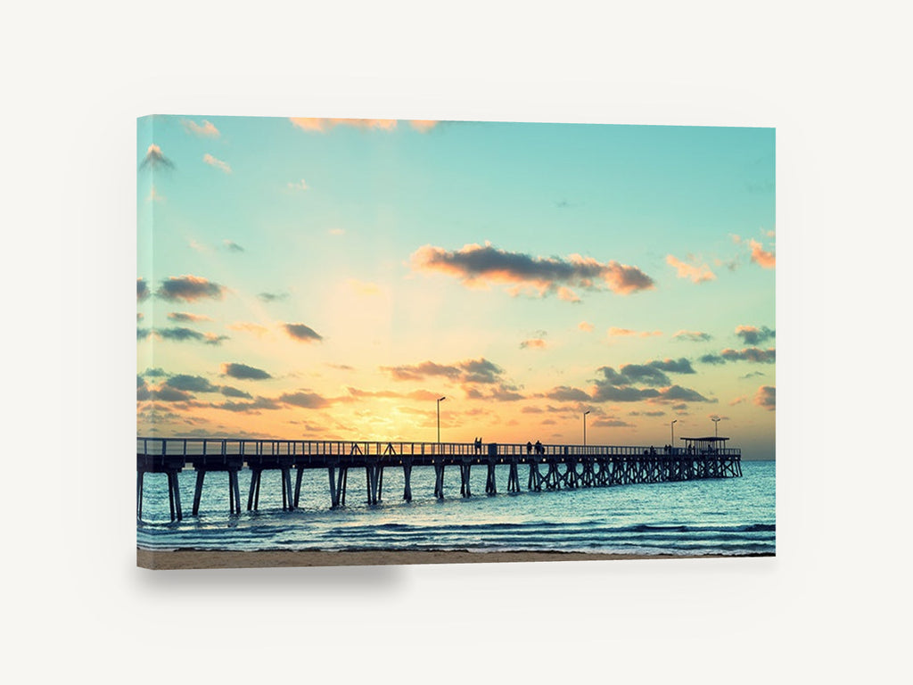 Jetty at Peach Dusk, sunset jetty beach photograph, coastal canvas wall art print ready to hang