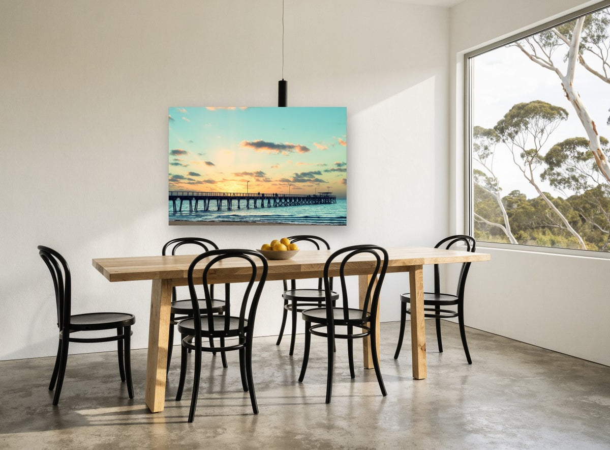 Jetty at Peach Dusk coastal canvas print on the wall of a dining room