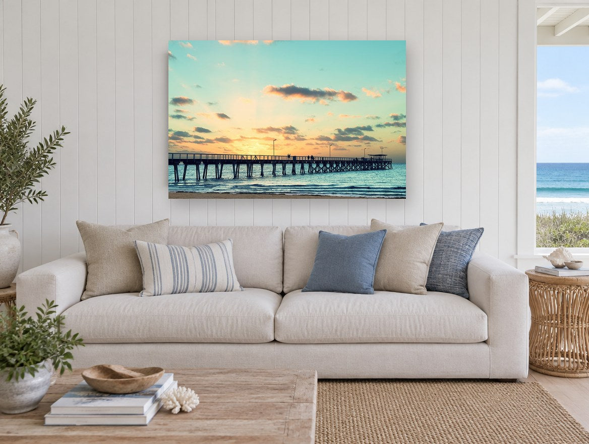 Jetty at Peach Dusk coastal canvas print on the wall of a beach house living room