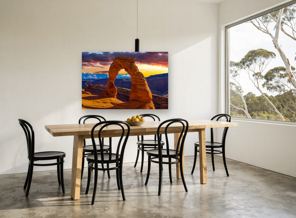 Sandstone Arch Sunset landscape canvas print on the wall of a dining room