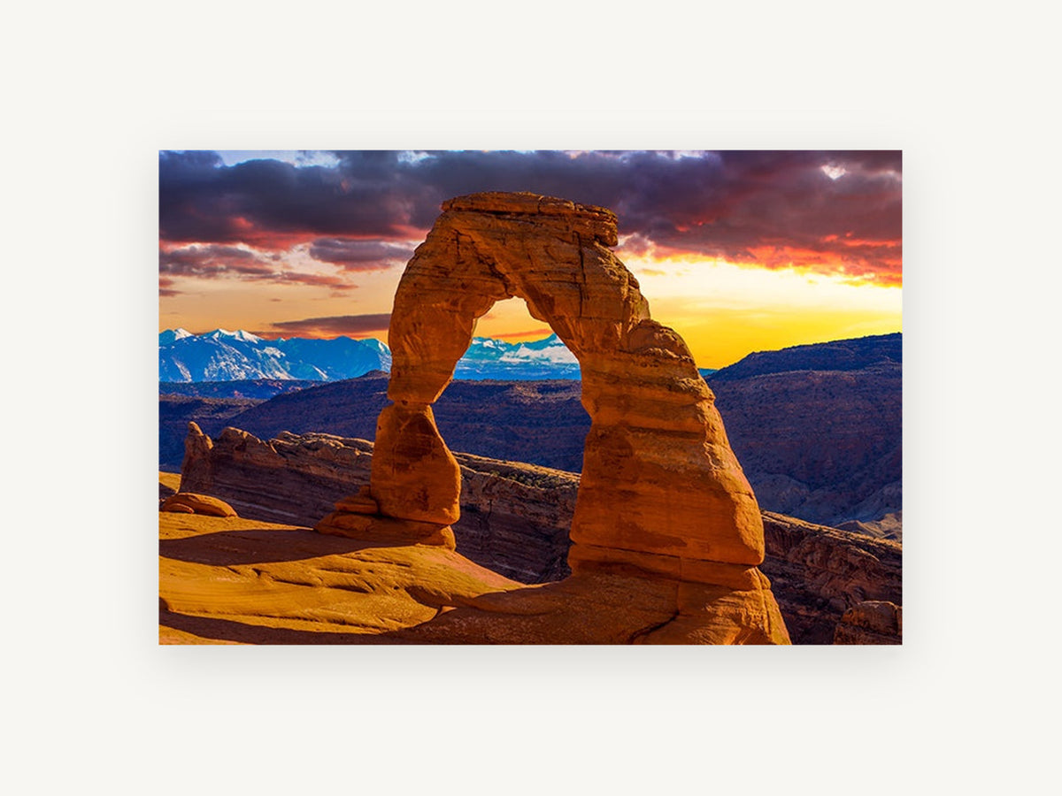 Sandstone Arch Sunset, red rock arch sunset photograph, landscape canvas wall art print, front view