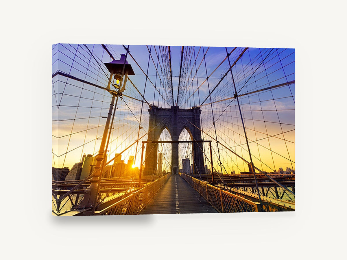 Brooklyn Bridge Sunset Walk, brooklyn bridge pedestrian walkway sunset photograph, city canvas wall art print ready to hang