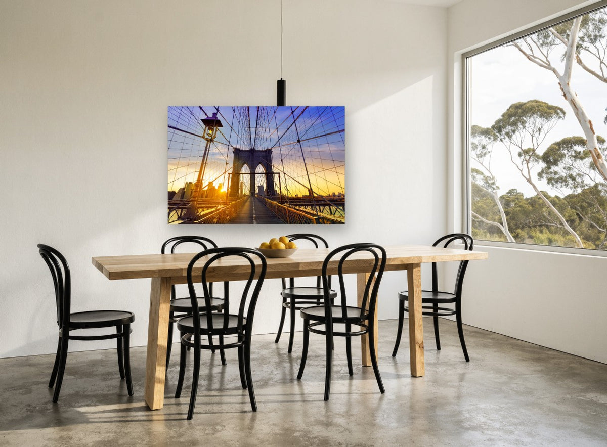 Brooklyn Bridge Sunset Walk city canvas print on the wall of a dining room