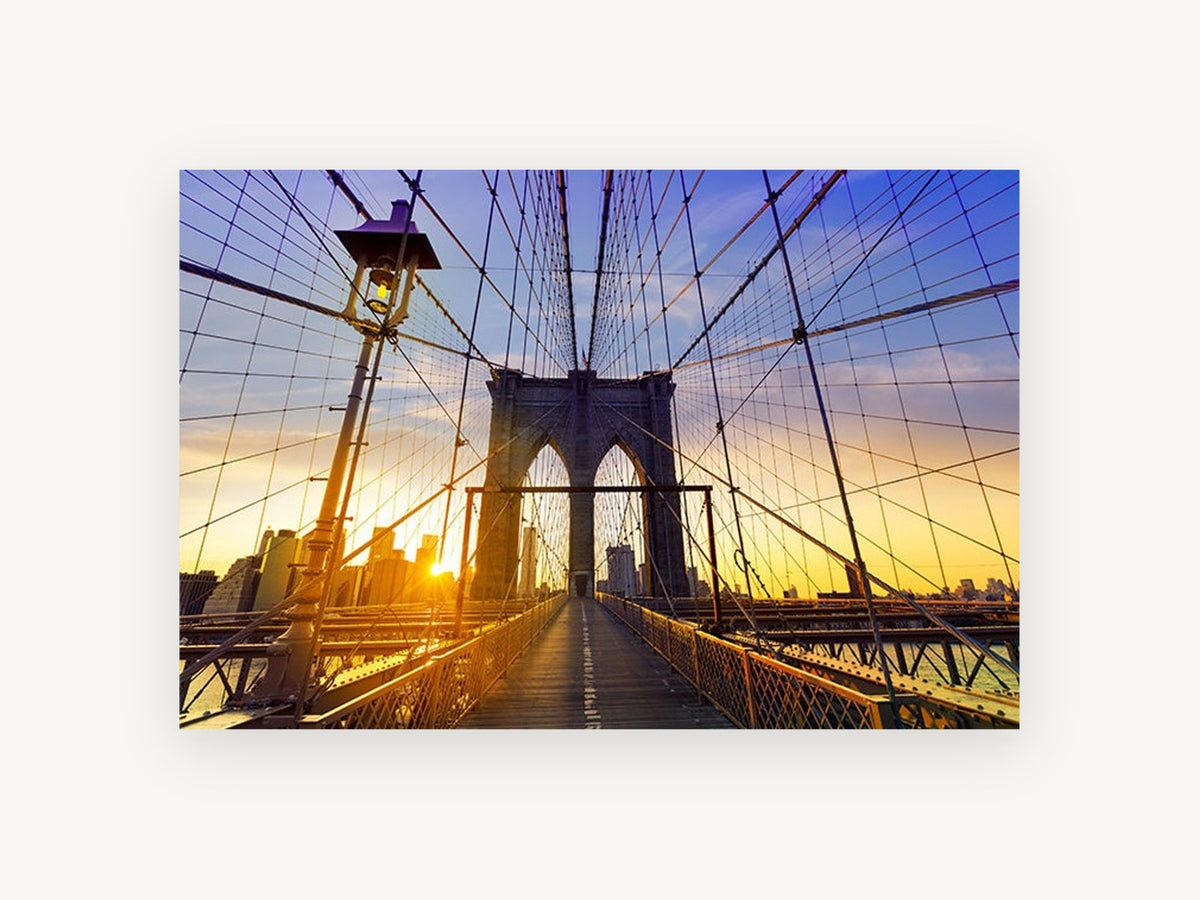 Brooklyn Bridge Sunset Walk, brooklyn bridge pedestrian walkway sunset photograph, city canvas wall art print, front view