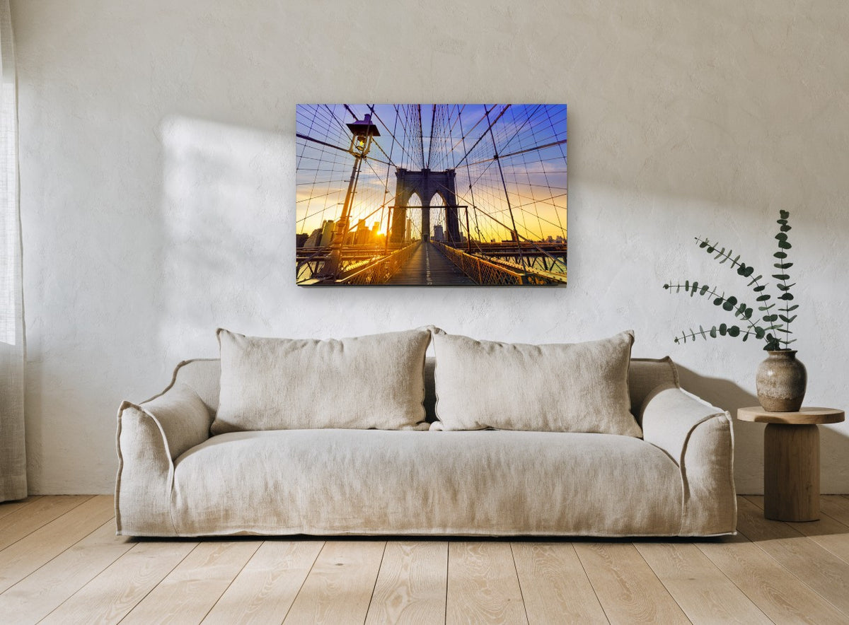 Brooklyn Bridge Sunset Walk city canvas print on the wall of a living room