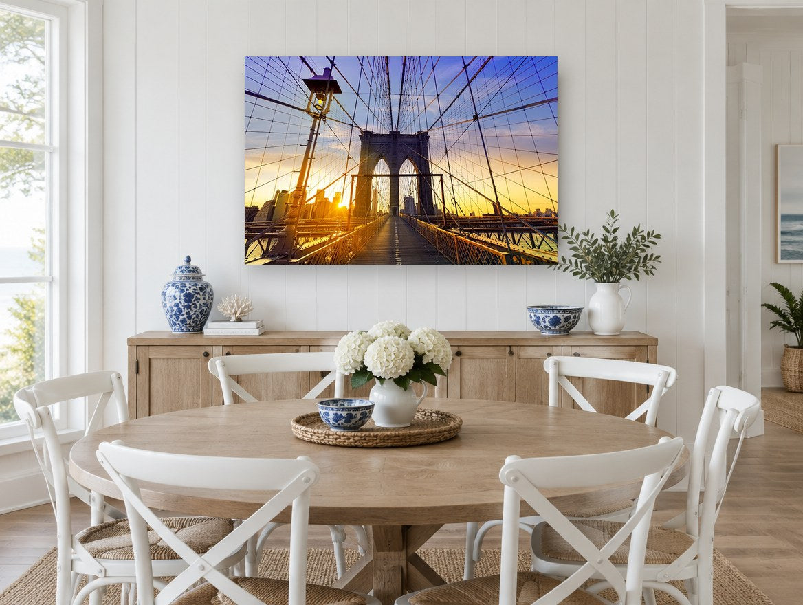 Brooklyn Bridge Sunset Walk city canvas print on the wall of a Hamptons dining room
