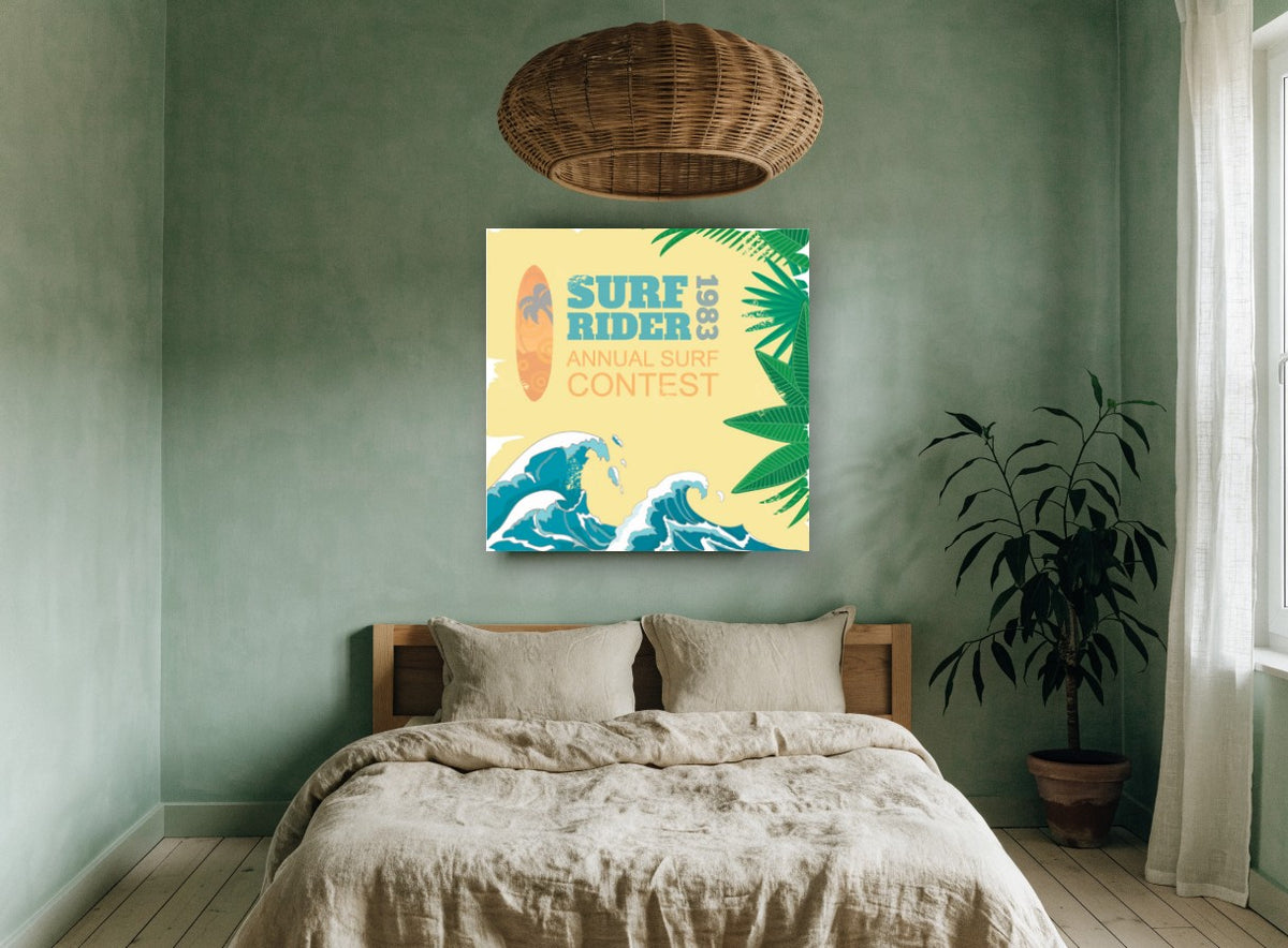 Surf Rider Contest vintage canvas print on the wall of a bedroom