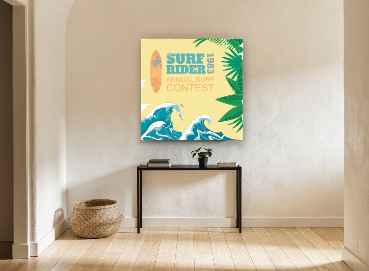 Surf Rider Contest vintage canvas print on the wall of a hallway