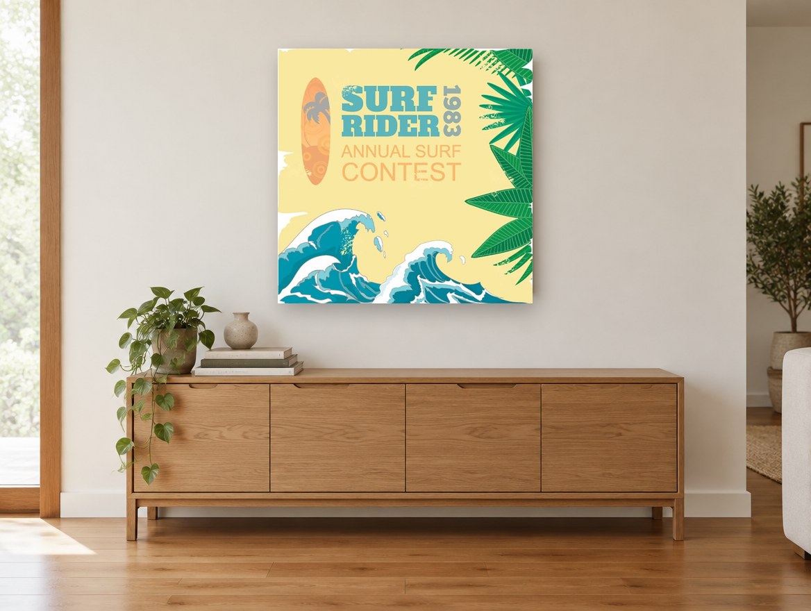 Surf Rider Contest vintage canvas print on the wall of a living room above a sideboard