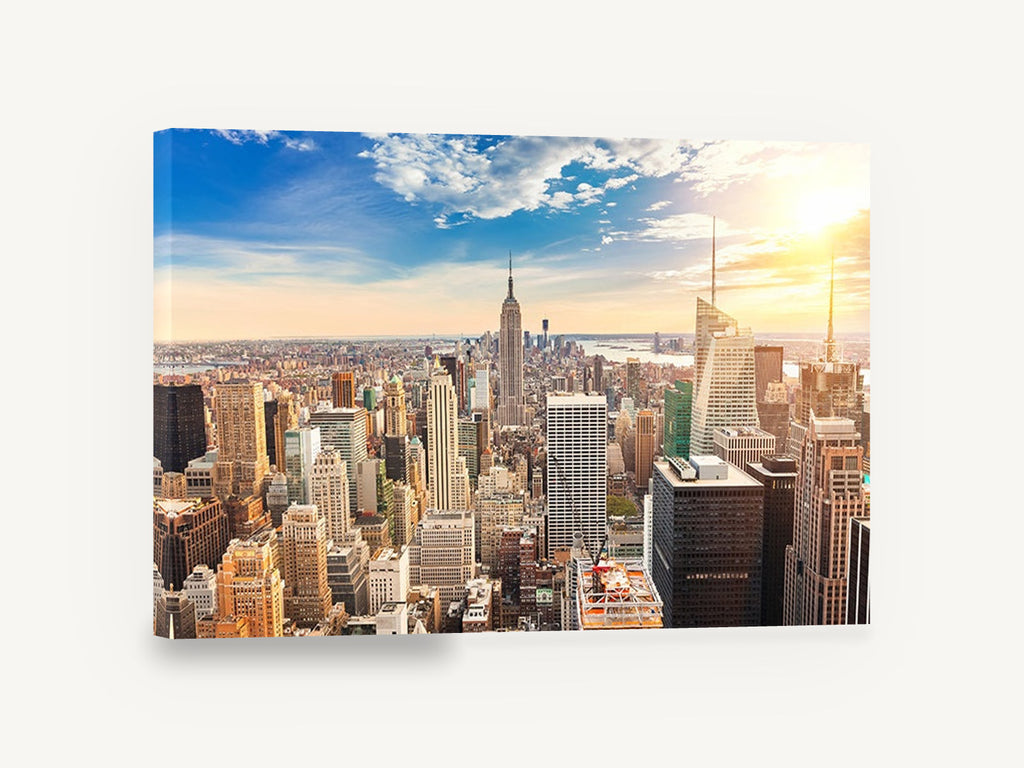 Manhattan Golden Hour, manhattan skyline at sunset photograph, city canvas wall art print ready to hang