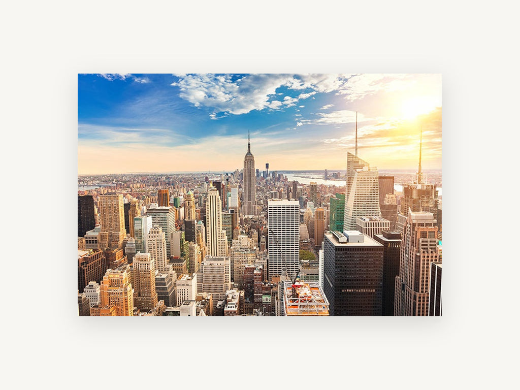 Manhattan Golden Hour, manhattan skyline at sunset photograph, city canvas wall art print, front view