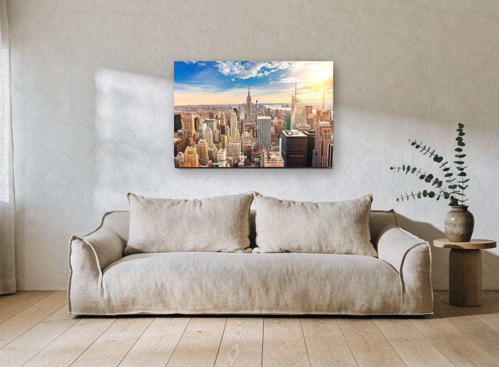 Manhattan Golden Hour city canvas print on the wall of a living room