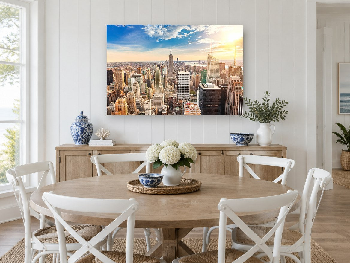 Manhattan Golden Hour city canvas print on the wall of a Hamptons dining room