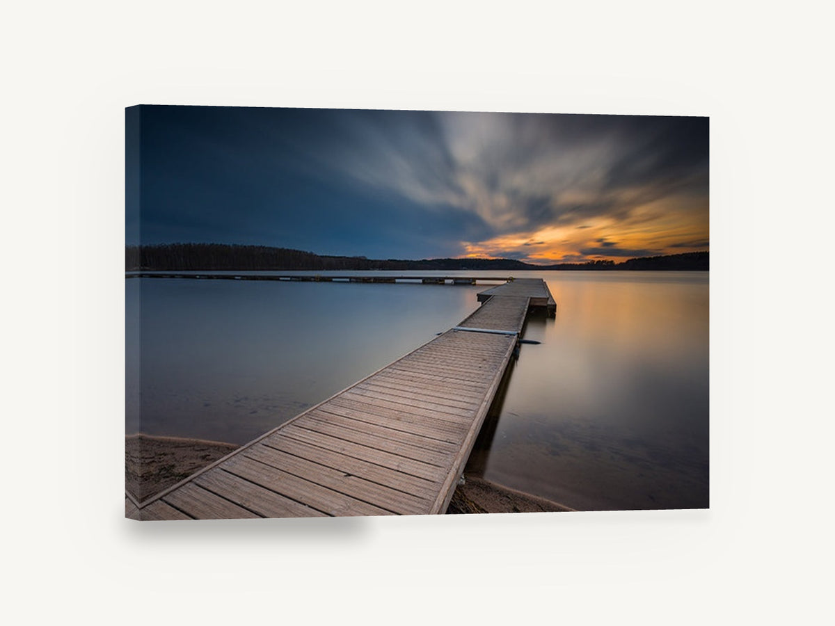 Dusk Along the Jetty, timber jetty lake sunset photograph, landscape canvas wall art print ready to hang
