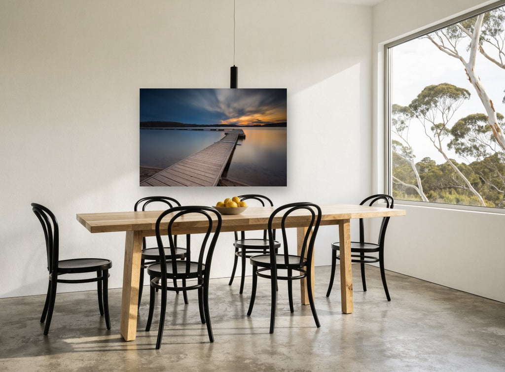 Dusk Along the Jetty landscape canvas print on the wall of a dining room