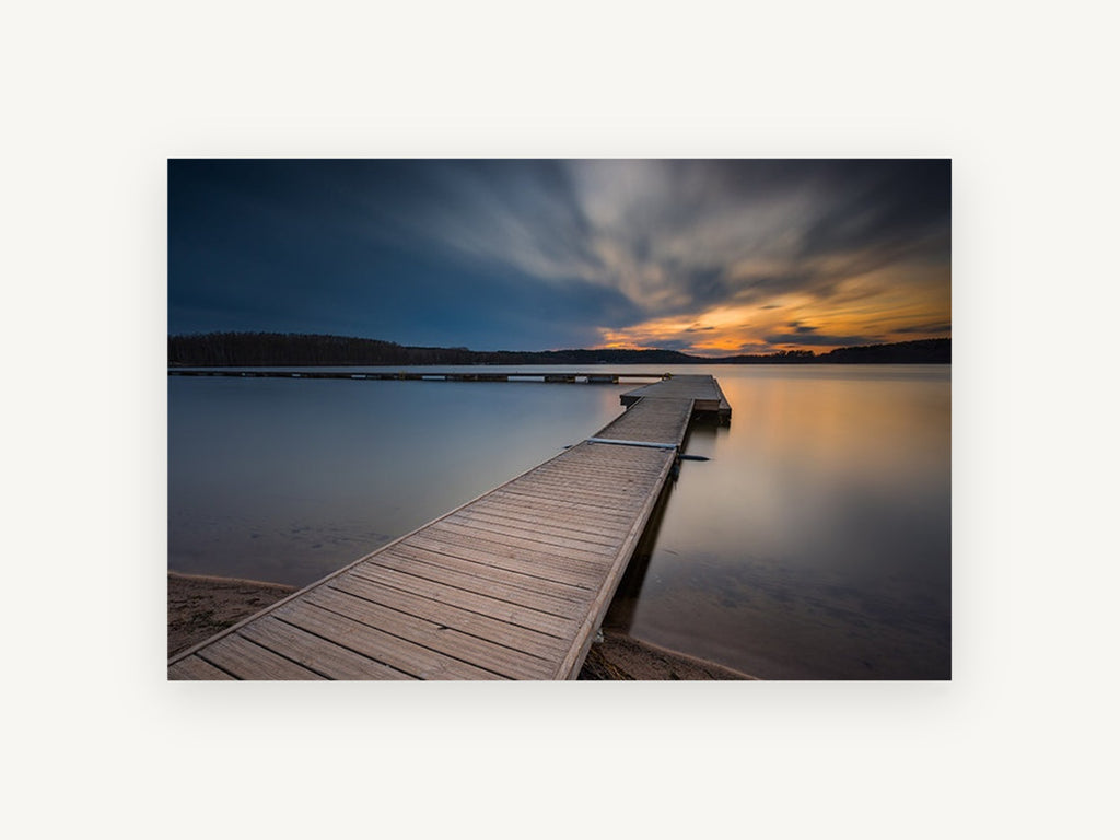 Dusk Along the Jetty, timber jetty lake sunset photograph, landscape canvas wall art print, front view