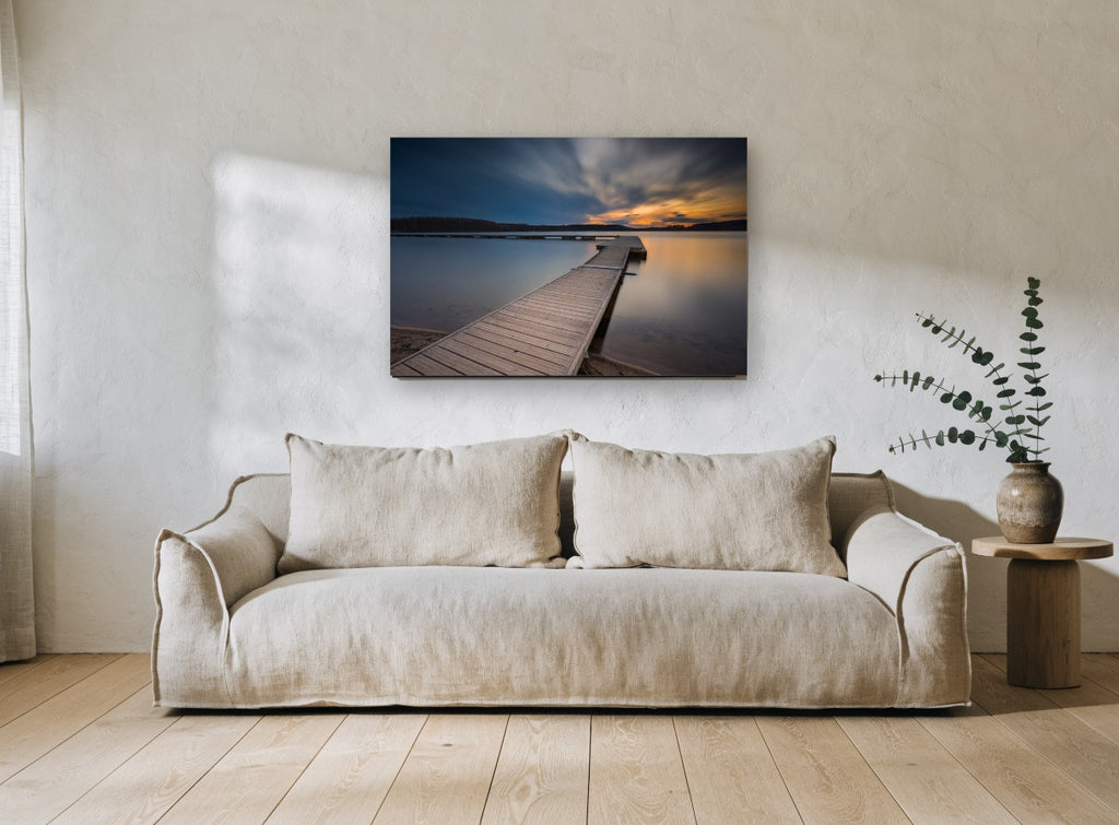 Dusk Along the Jetty landscape canvas print on the wall of a living room