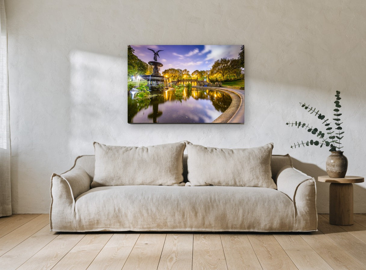 Bethesda Fountain Twilight city canvas print on the wall of a living room