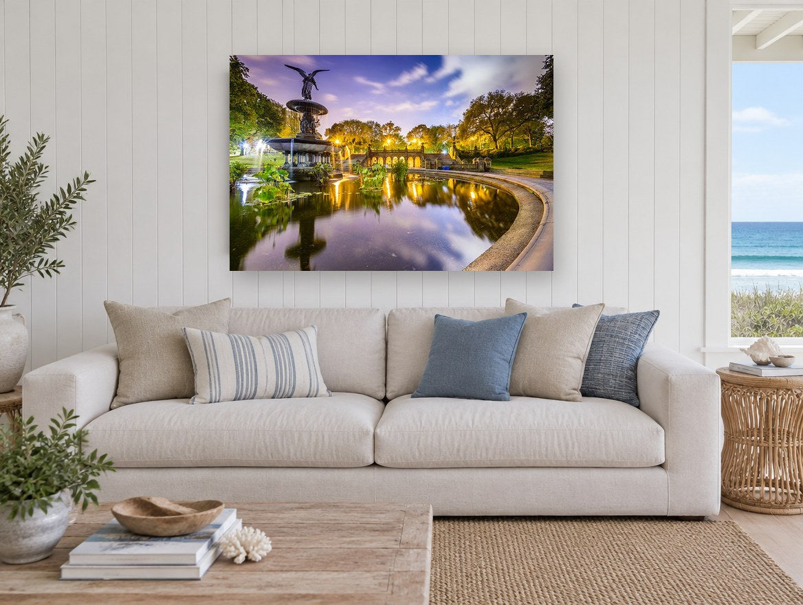 Bethesda Fountain Twilight city canvas print on the wall of a beach house living room