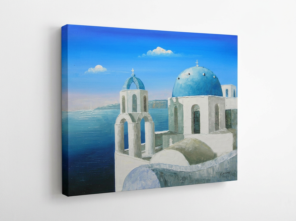 Greek Islands Stretched Ready to Hang gallery wrap canvas hanging on a white wall