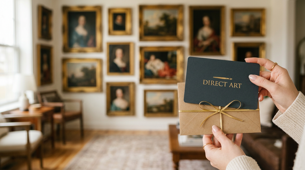Giving a Direct Art gift card in front of a gallery wall of gold-framed paintings