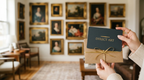 Giving a Direct Art gift card in front of a gallery wall of gold-framed paintings