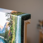 Close-up of the mirror-wrapped canvas edge on a timber stretcher bar