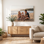 Your photo printed on a large stretched canvas above a sideboard in a bright Australian living room