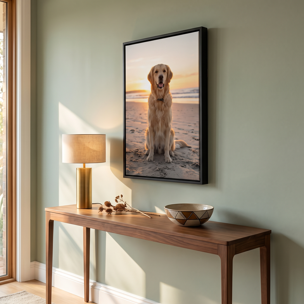 Pet photo printed on canvas in a black floating frame above a console table