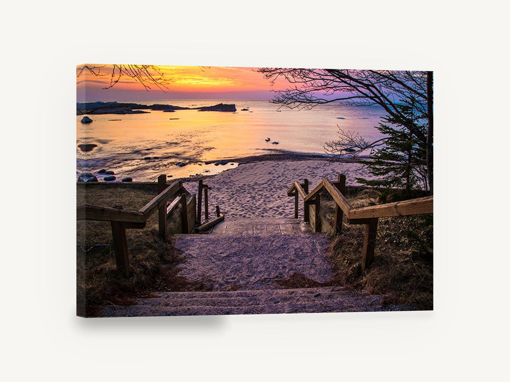 Sunset Stair Descent, beach stairs sunset lake photograph, landscape canvas wall art print ready to hang