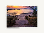 Sunset Stair Descent, beach stairs sunset lake photograph, landscape canvas wall art print ready to hang