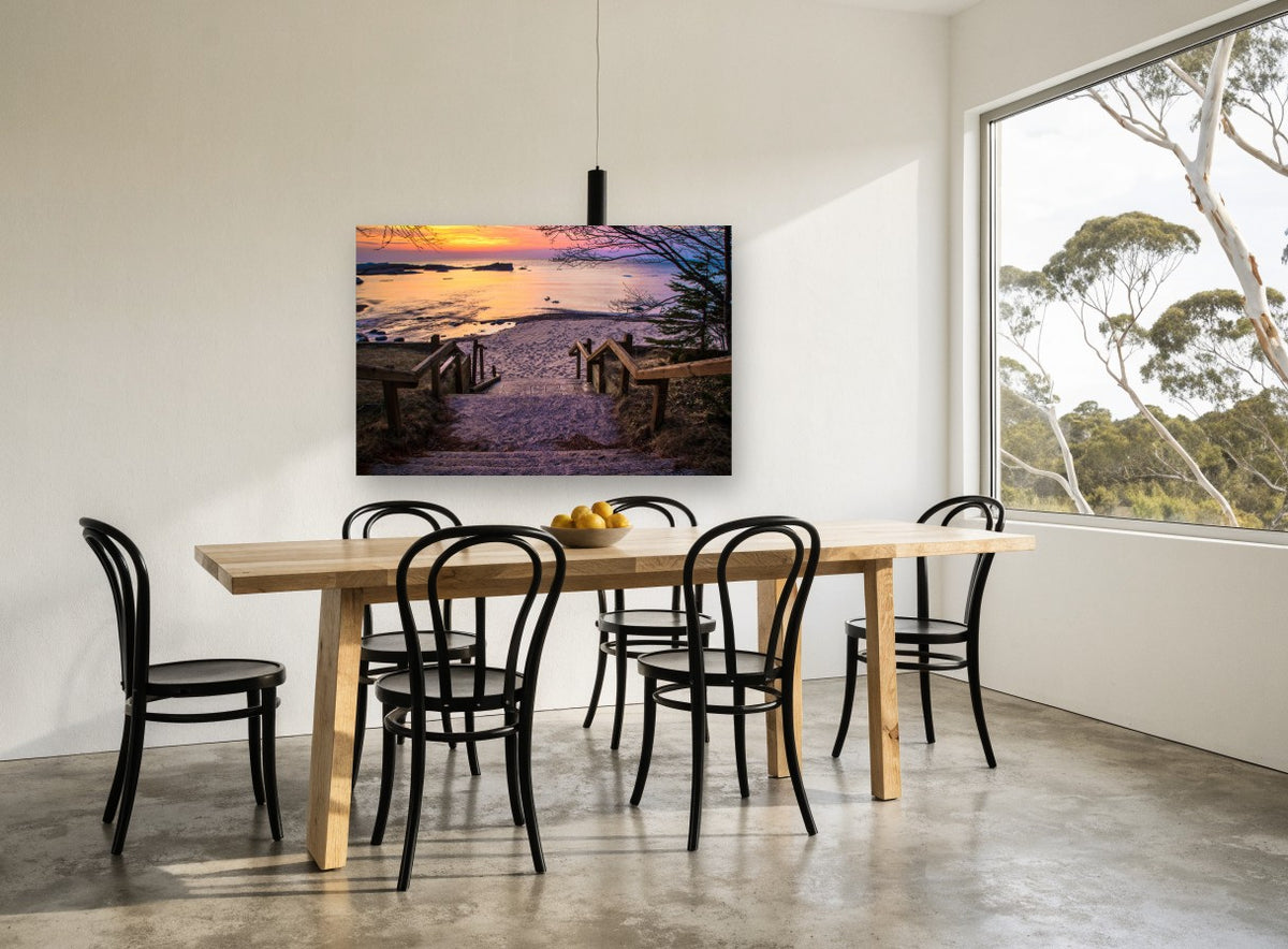 Sunset Stair Descent landscape canvas print on the wall of a dining room